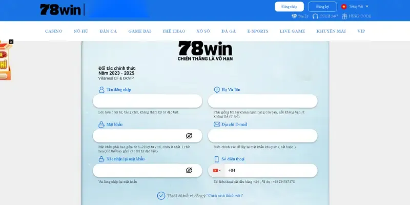 Điền đủ thông tin vào biểu mẫu đăng ký 78WIN