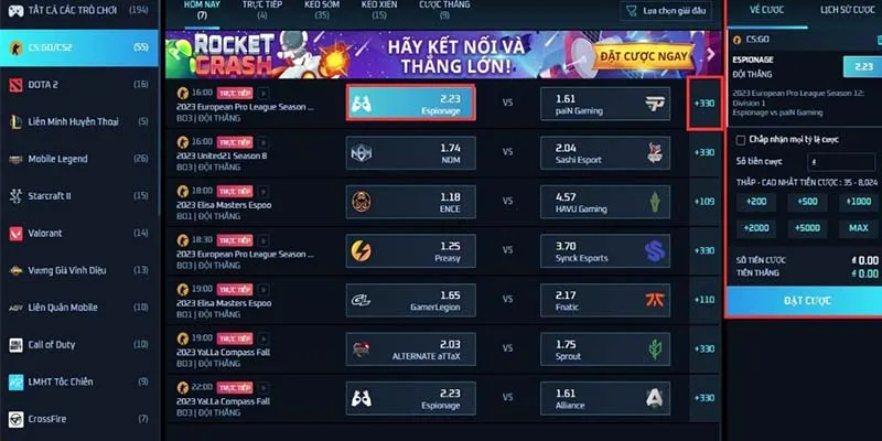 Các tỷ lệ cược điển hình với trò chơi CS:GO